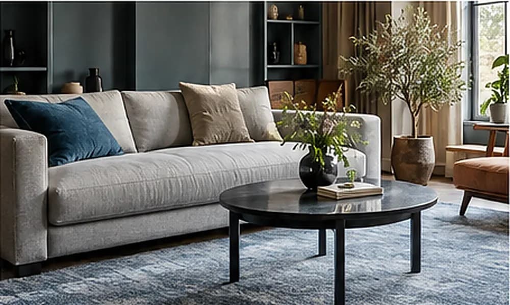 Koelgrijze bank met een blauw kussen, een zwarte ronde salontafel en een blauw vloerkleed
