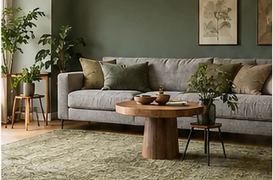 Grijze bank met groene kussens voor een groene muur, een houten salontafel en een olijfgroen vloerkleed