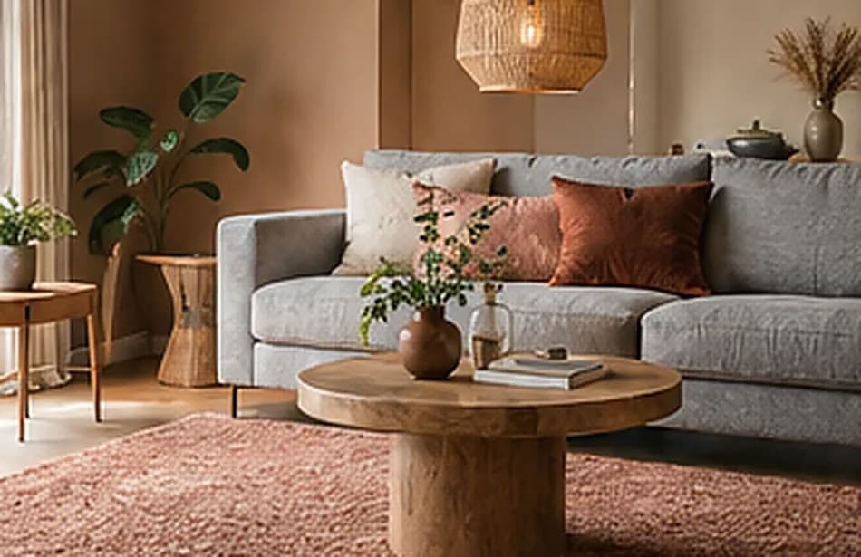 Grijze bank met roestbruine kussens, een ronde houten salontafel en een terracotta vloerkleed