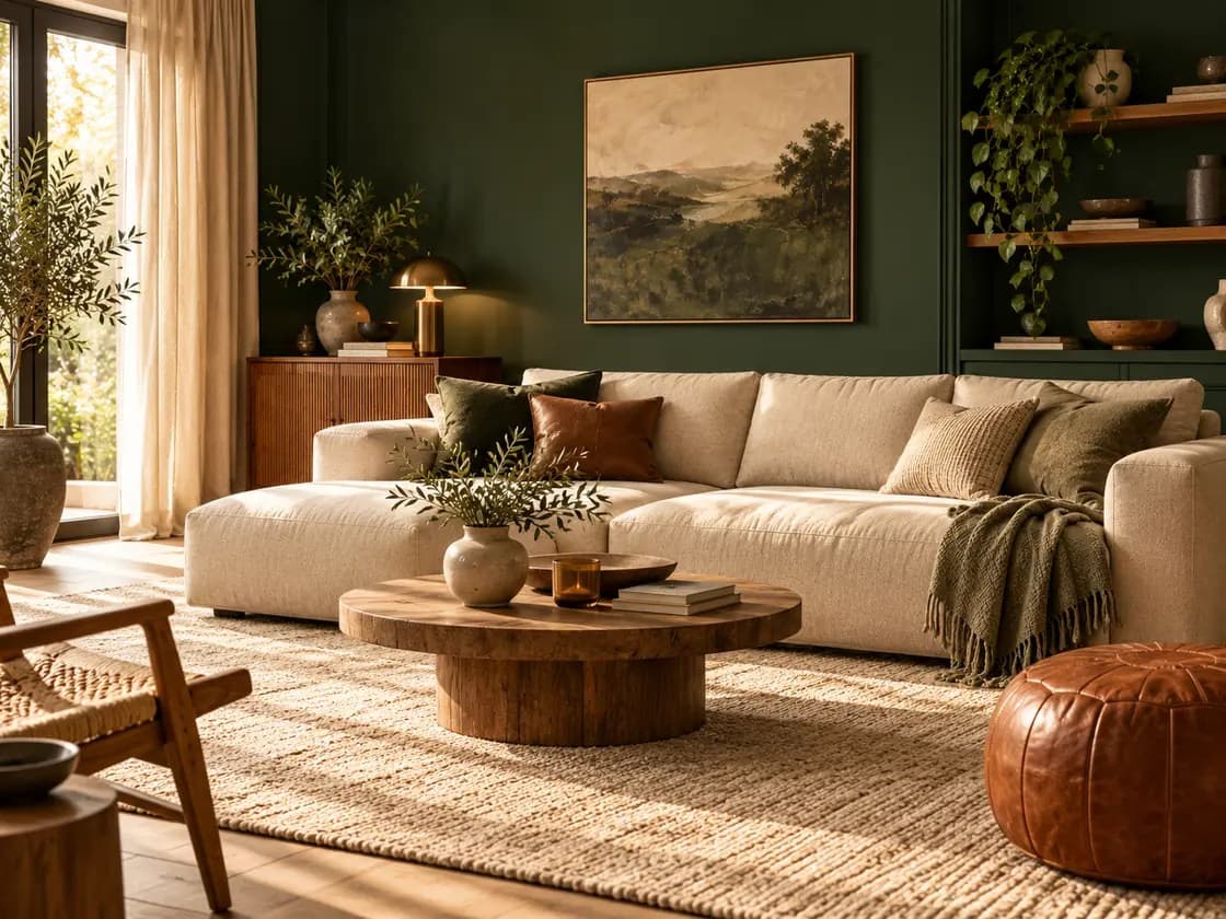 Donkergroene muur met een crème hoekbank, een houten salontafel en een cognac leren poef