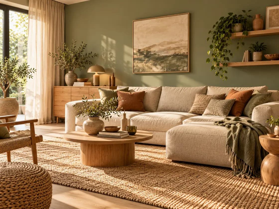 Saliegroene muur met een zandkleurige hoekbank, terracotta kussens, een houten salontafel en een jute vloerkleed